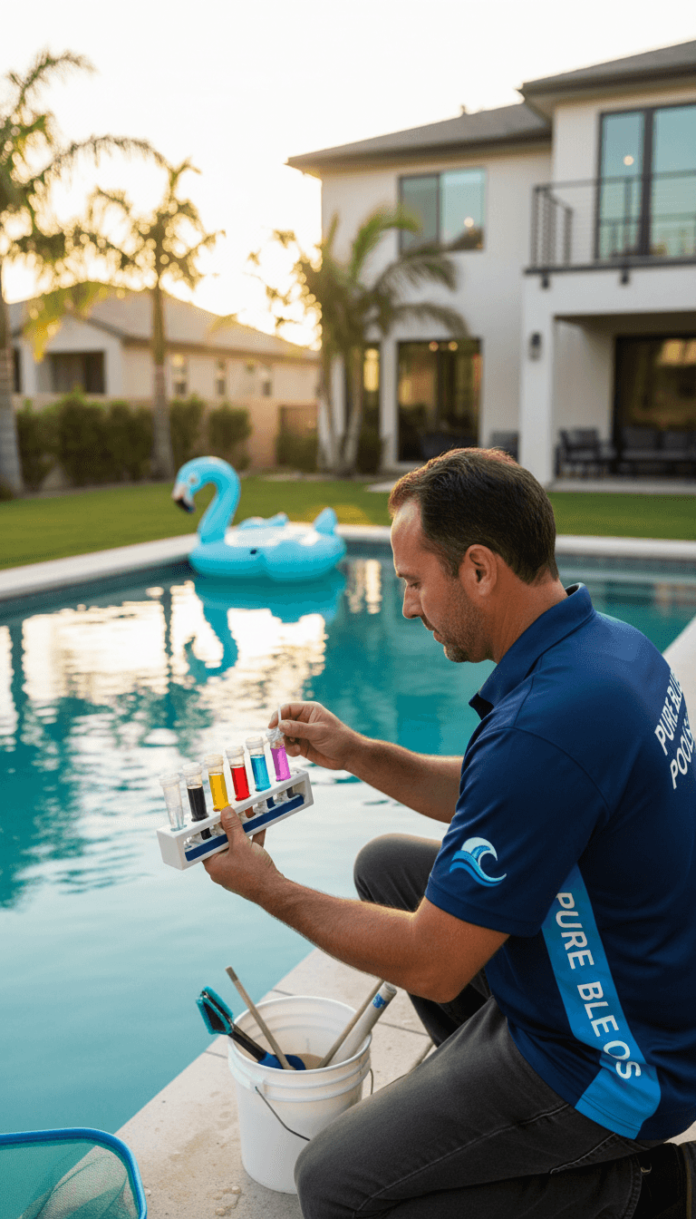 Pool maintenance worker testing water quality at a Toronto backyard pool