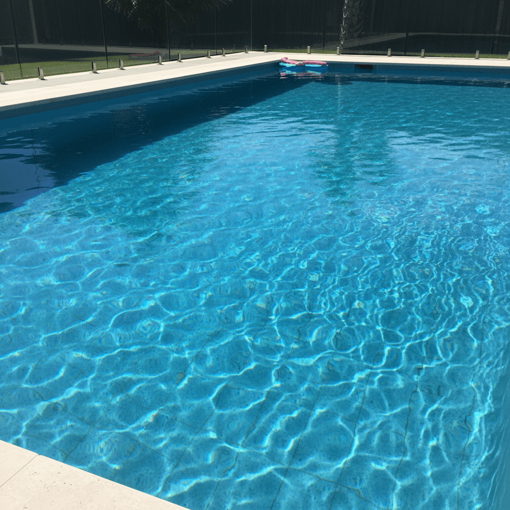 Crystal clear swimming pool water with sunlight dancing on the surface