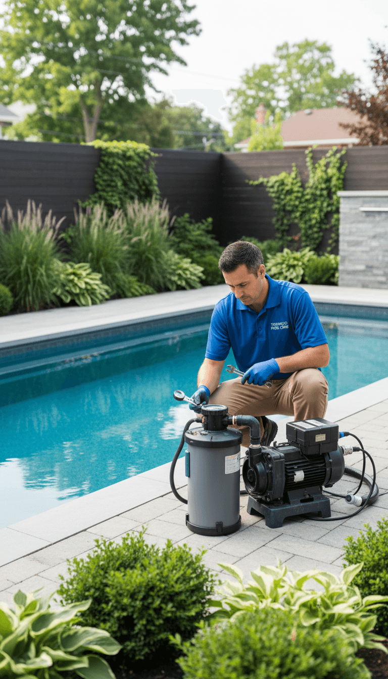Pool maintenance worker checking equipment in Toronto backyard
